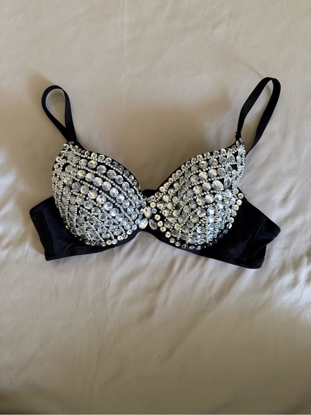Embellished Clear Rhinestone Black Bra